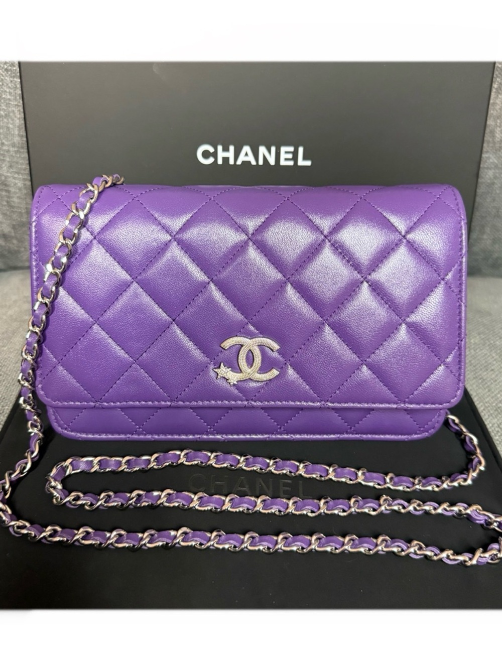 CHANEL wallet on chain CC crystal stars lambskin leather bag